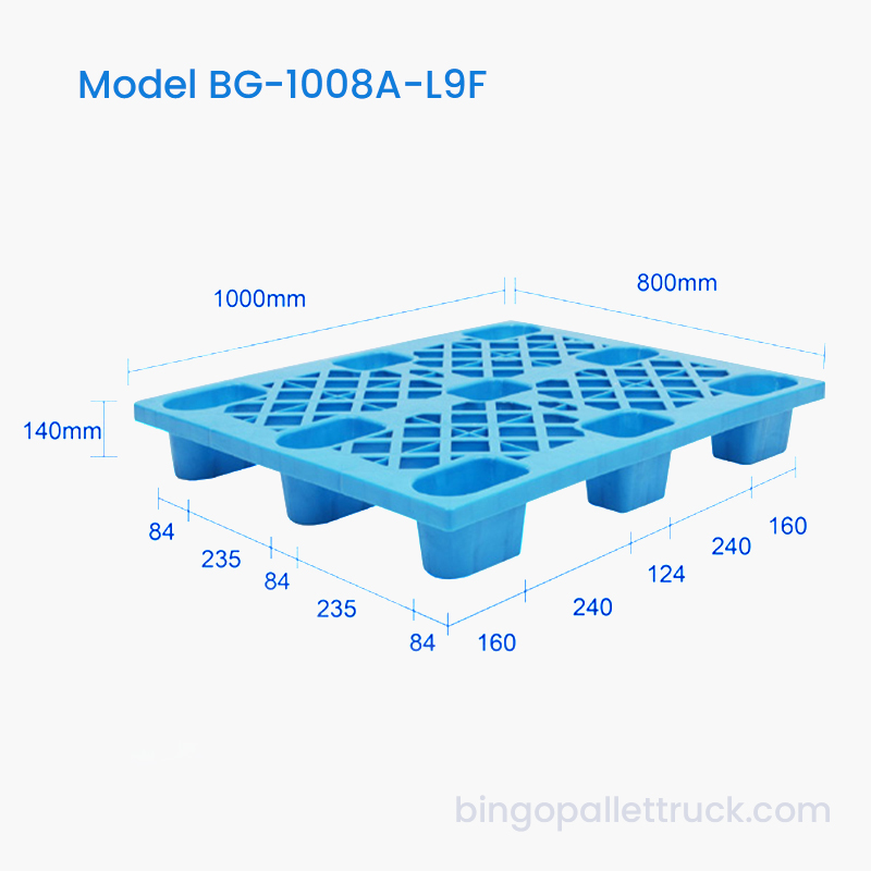 1000 × 800 mm 4-Wege-Einstiegsgitter für leichte Beanspruchung, neun Fuß lange HDPE-Kunststoffpalette