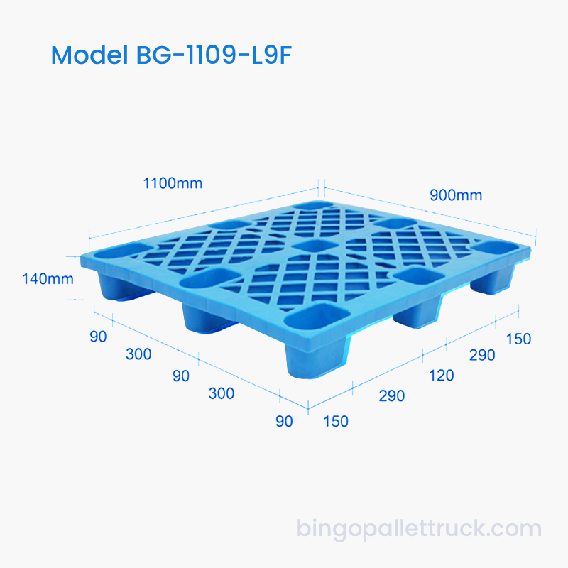 1100 × 900 mm langlebige, neun Fuß lange HDPE-Kunststoffpalette für den Materialtransport