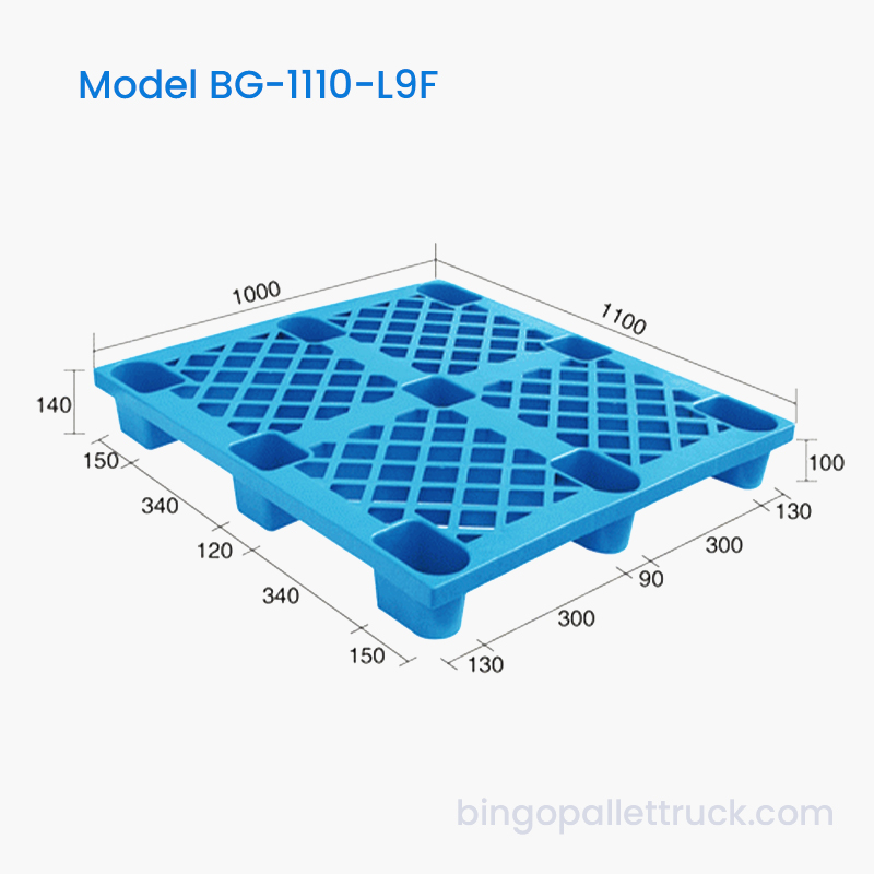 1100 x 1000 mm große einseitige Kunststoffpalette mit 9 Beinen für Kühlketten- und Logistikbetriebe