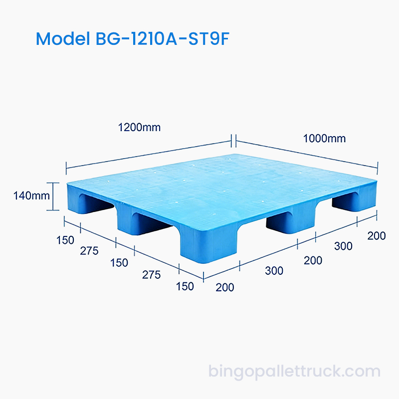 Robuste 1200 x 1000 mm große, solide Kunststoffpalette mit 9 Beinen für den häufigen Transport